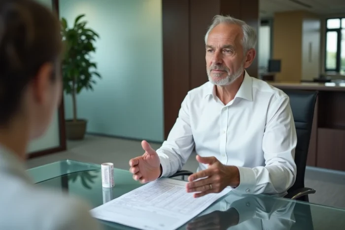 Conseiller bancaire expliquant le calcul des économies réalisées grâce à une renégociation de prêt immobilier