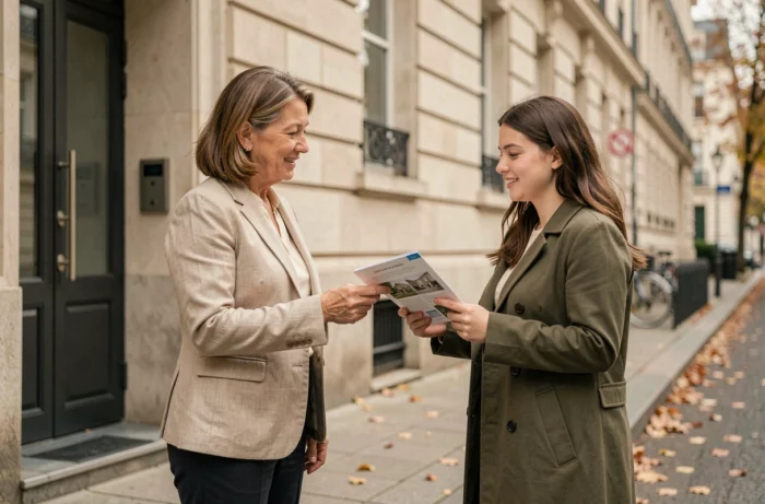Conseillère immobilière IAD présentant un document sur les frais et le barème 2026 à une acquéreuse devant un immeuble résidentiel parisien