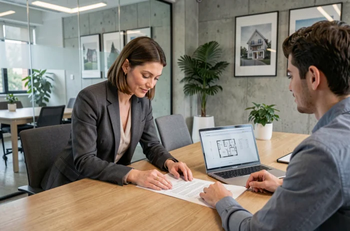 Conseillère immobilière en réunion avec un client pour finaliser un contrat d'achat dans une agence moderne
