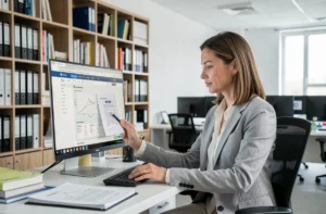 Professionnelle consultant une base de données de normes en ligne sur un écran d'ordinateur dans un bureau moderne