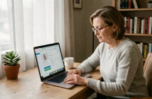 Femme consultant ses résultats d'analyses médicales en ligne sur un ordinateur portable à son bureau à domicile