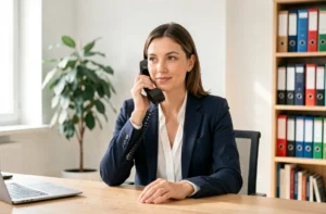 Femme professionnelle en veste bleue au téléphone dans un bureau éducatif suisse pour contacter un réseau scolaire