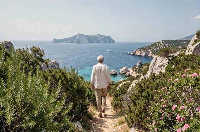 Un randonneur senior traversant un sentier côtier en Corse entouré de maquis odorant avec des criques turquoise en contrebas