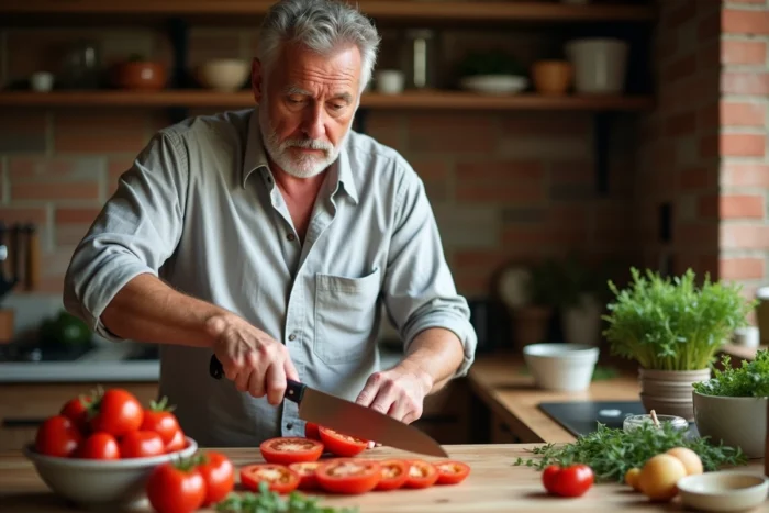 Homme coupant une tomate à la peau épaisse dans une cuisine rustique, révélant une chair ferme et dense