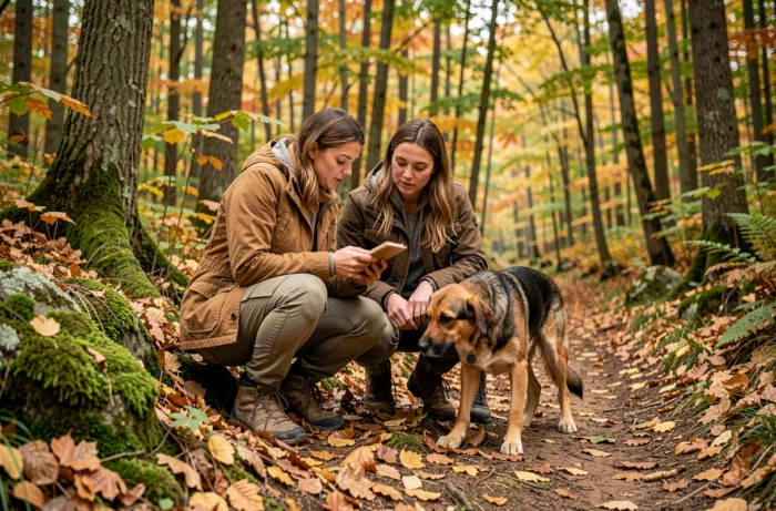 Couple actif en forêt avec un chien illustrant le choix d'un animal adapté à un mode de vie sportif