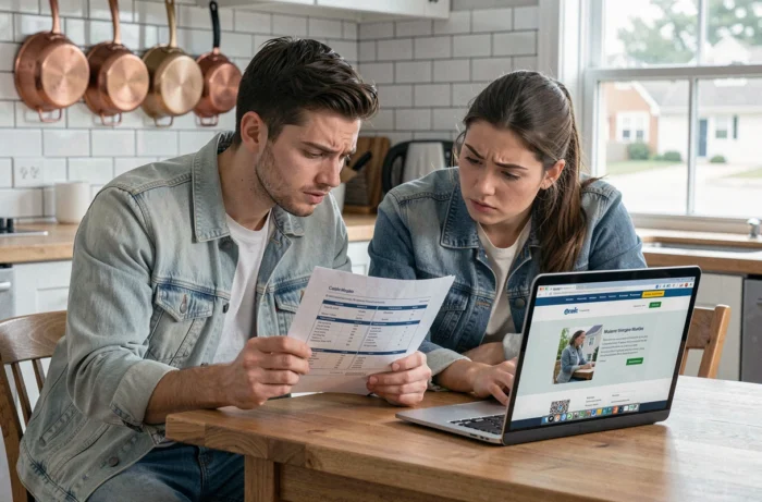 Un jeune couple étudie des comparatifs de courtiers immobiliers sur un ordinateur portable à la table de leur cuisine