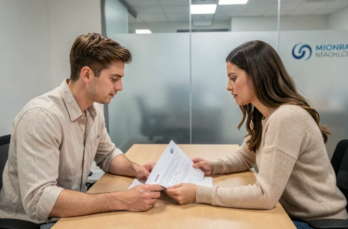 Couple rencontrant un conseiller financier pour discuter d'une solution de crédit en agence bancaire