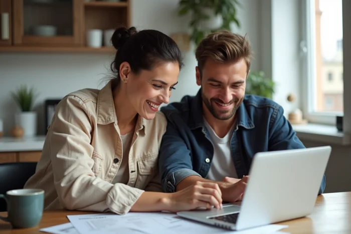 Couple remplissant ensemble un formulaire de demande de visa pour la France sur un ordinateur portable