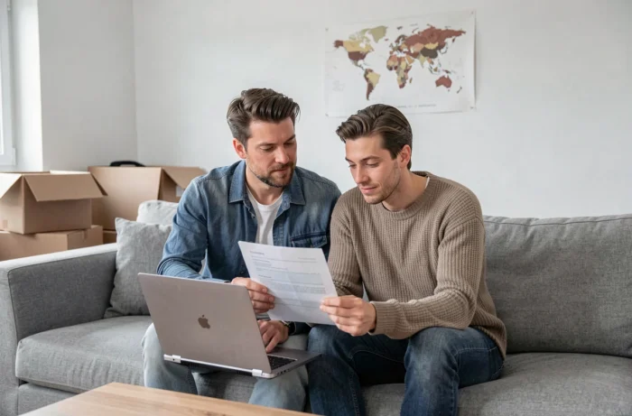 Un couple de français expatriés comparant des offres de crédit en ligne dans leur nouvel appartement à l'étranger