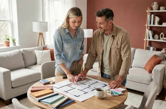 Couple planifiant la décoration et l'aménagement intérieur de leur maison autour d'un plan architectural