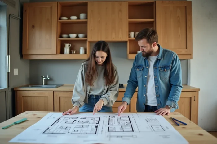 Couple étudiant les plans de rénovation de leur cuisine en plein chantier d'aménagement
