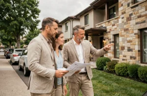 Couple examinant les plans de leur futur bien immobilier devant une maison moderne à façade en pierre