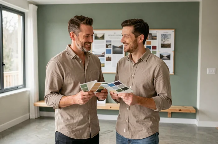 Couple examinant des échantillons de couleurs dans un salon récemment rénové