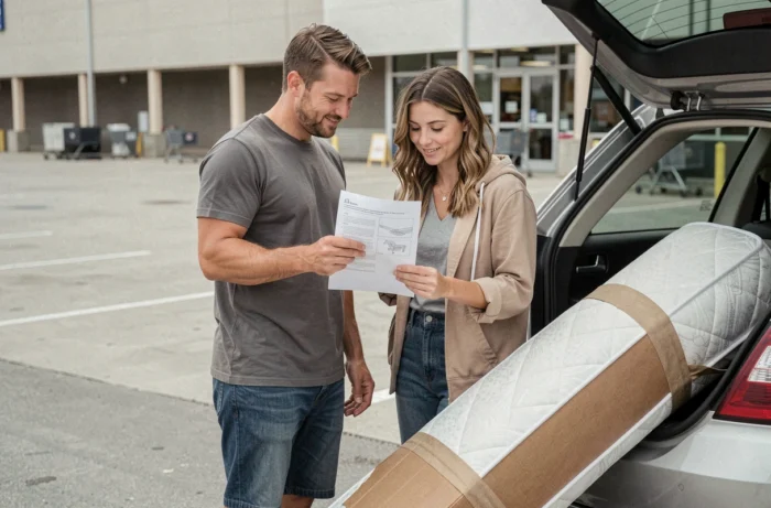 Couple consultant des instructions pour transporter un matelas roulé dans son emballage carton dans un parking de magasin