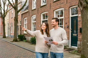 Couple devant une maison belge en briques lors d'une visite immobilière
