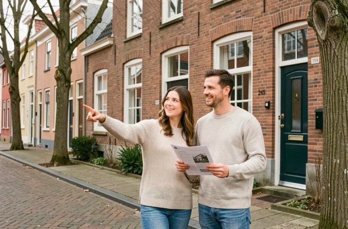 Couple devant une maison belge en briques lors d'une visite immobilière