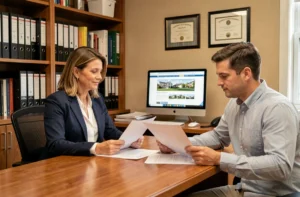 Un courtier immobilier professionnel conseille un couple de clients autour de documents de vente dans un bureau moderne