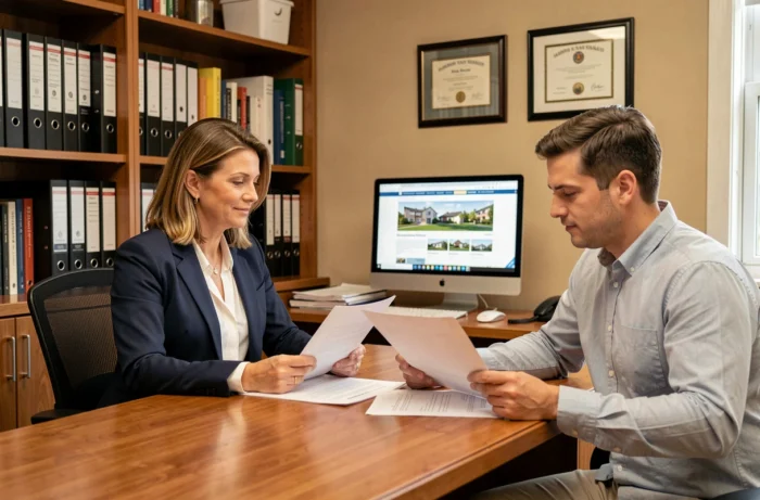 Un courtier immobilier professionnel conseille un couple de clients autour de documents de vente dans un bureau moderne