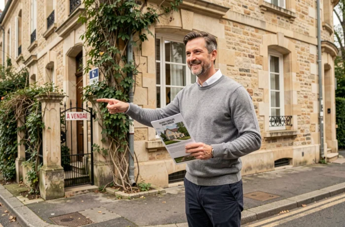 Un courtier immobilier présente une maison à vendre devant une façade en pierre avec panneau À vendre