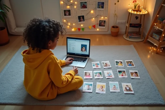 Adolescente créant un diaporama d'anniversaire en organisant des photos d'enfance sur le sol de sa chambre