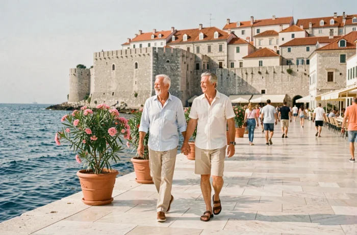 Un couple de seniors se promenant le long du front de mer de Dubrovnik en Croatie avec les remparts historiques et la mer Adriatique en arrière-plan