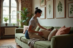 Femme arrangeant des coussins sur un canapé vert dans un appartement parisien décoré avec style et originalité