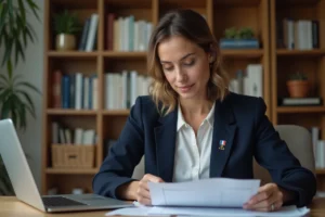 Femme préparant sa demande de visa pour la France en consultant des documents officiels à son bureau