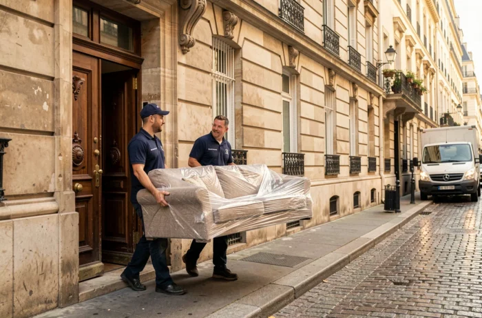 Deux déménageurs professionnels en uniforme transportant un canapé emballé dans un immeuble haussmannien parisien