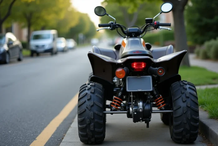 Détails homologation route d'un quad 125 : plaque d'immatriculation, clignotants et rétroviseur