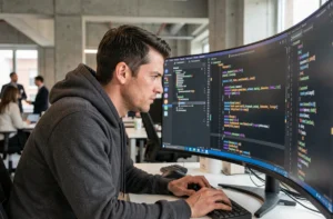 Développeur logiciel utilisant un environnement de développement intégré sur un grand écran dans un bureau moderne