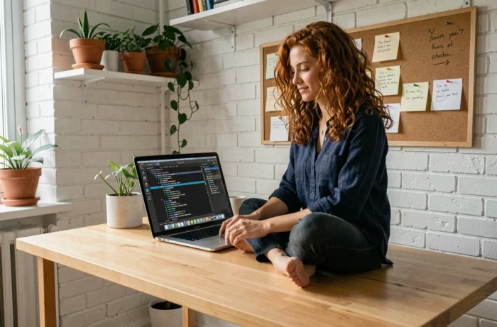 Développeuse travaillant sur un IDE multi-fenêtres dans un bureau à domicile organisé et chaleureux