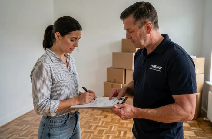 Une femme signant un devis de déménagement avec un conseiller d'une entreprise spécialisée dans un appartement vide