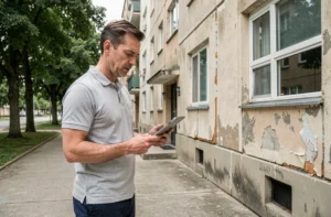 Auditeur énergétique inspectant la façade d'un immeuble en copropriété avec une tablette numérique