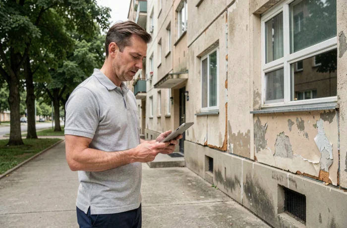 Auditeur énergétique inspectant la façade d'un immeuble en copropriété avec une tablette numérique