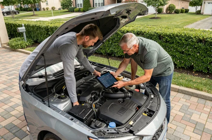 Deux passionnés d'automobile analysant les données moteur d'une berline sportive dans une allée résidentielle