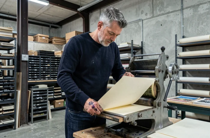 Éditeur indépendant utilisant une presse typographique artisanale dans un atelier d'impression urbain, illustration de la création éditoriale alternative