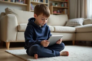 Enfant de 10 ans utilisant une tablette Samsung assis sur le sol d'un salon cosy