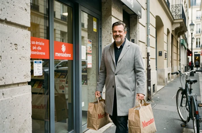 Entrée d'un magasin Mercadona en ville avec un client sortant ses courses en France