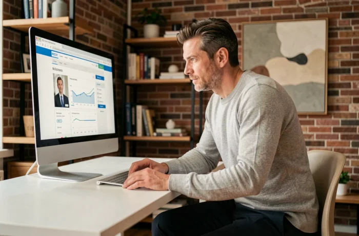 Entrepreneur consultant des offres d'information décideur en ligne depuis son bureau à domicile moderne