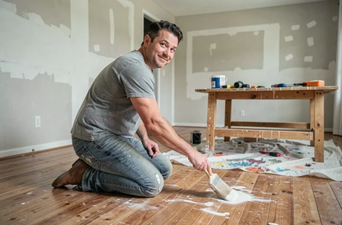 Homme entretenant et vernissant un parquet en bois dans un salon en cours de rénovation