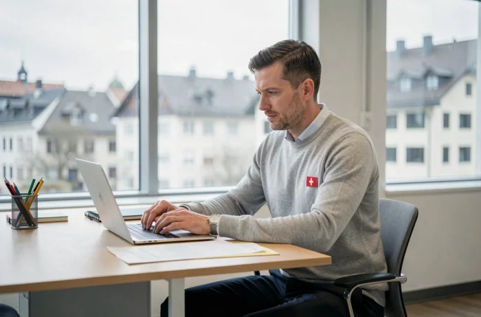 Homme administratif envoyant un email sur ordinateur portable dans un bureau du réseau éducation suisse
