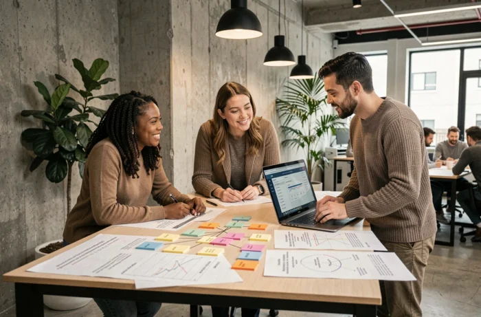 Une équipe de professionnels web collabore autour d'un plan de sitemap imprimé dans un espace de coworking moderne avec des fiches colorées organisées en arborescence