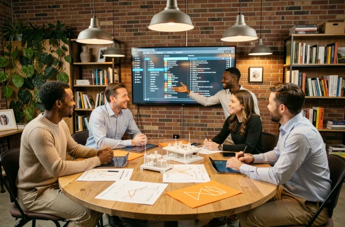 Équipe diversifiée en réunion collaborative autour d'une table avec prototypes et feuille de route de projet innovant