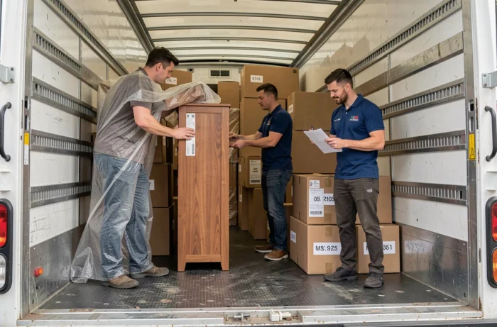 Équipe de déménageurs organisant des cartons et meubles protégés à l'intérieur d'un camion de déménagement professionnel