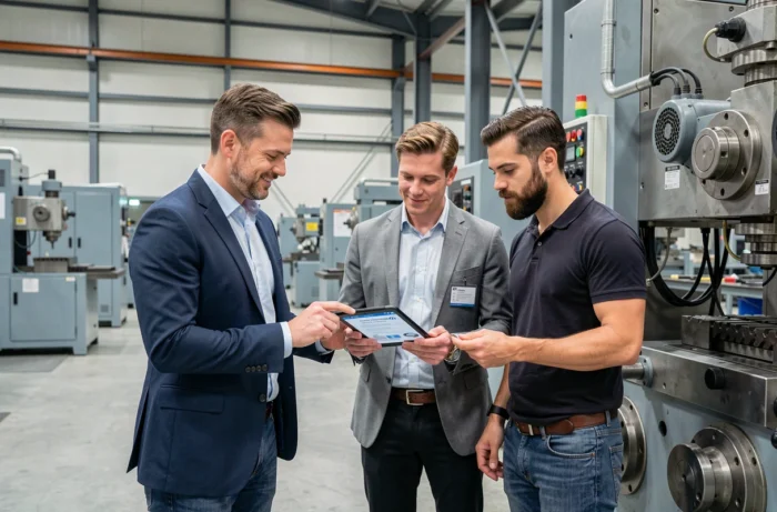Équipe professionnelle évaluant un plan de financement d'équipements industriels dans une usine moderne