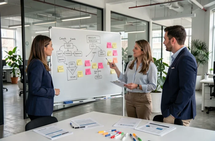 Équipe marketing collaborant sur une stratégie SEO autour d'un tableau blanc dans un bureau moderne