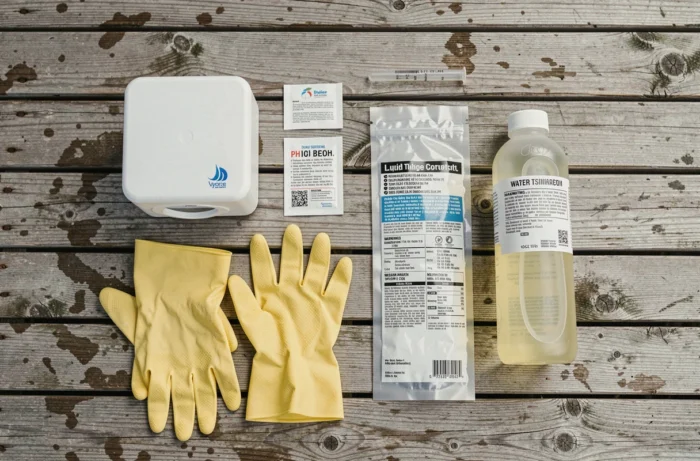 Vue aérienne d'équipements d'entretien de piscine incluant javel, dosettes de chlore et kit de test pH sur terrasse en bois