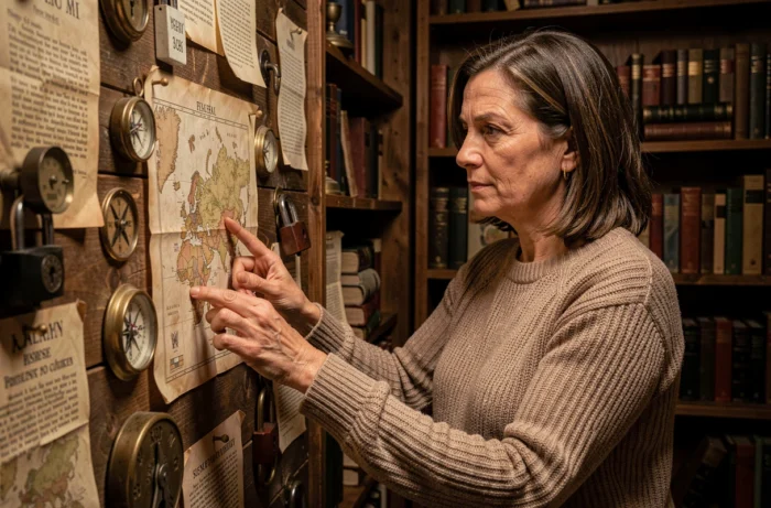 Femme analysant des indices dans une salle d'escape game décorée de cartes et d'objets vintage