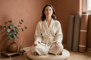 Femme en robe de lin assise en méditation dans un coin bien-être aménagé à la maison avec des éléments naturels apaisants