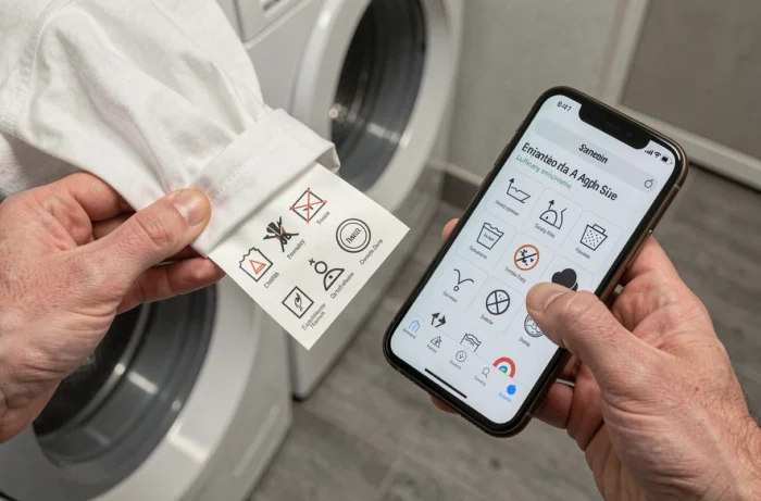 Gros plan sur une étiquette d'entretien textile avec symboles de lavage et guide affiché sur smartphone